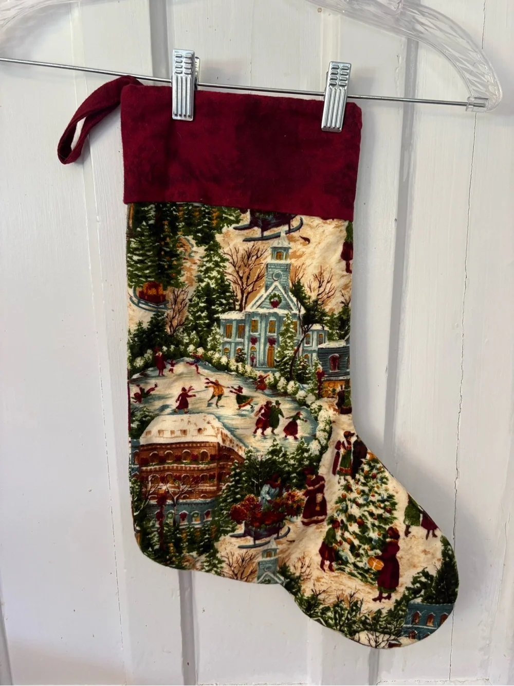 Holiday Handmade Christmas Stocking with Country Village Winter